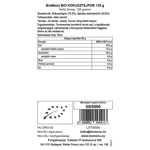 BioMenü Bio Kokosové Mlieko prášok 125 g dátový štítok