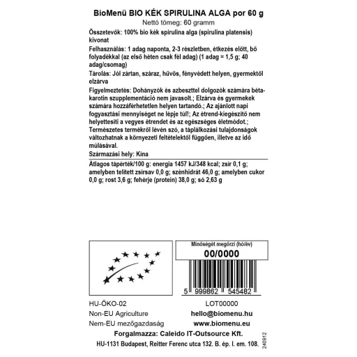 BioMenü Bio Modrá Spirulina prášok 60 g dátový štítok
