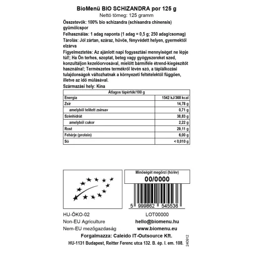 BioMenü Bio Schizandra prášok 125 g dátový štítok