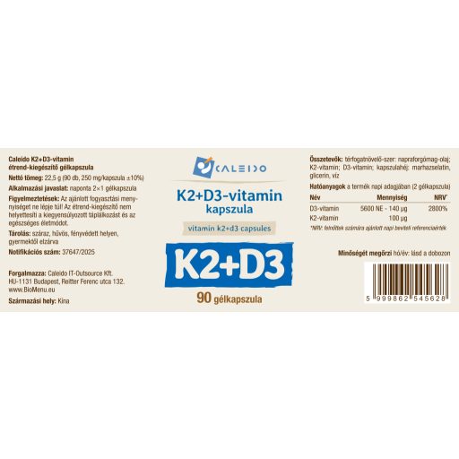 Caleido Vitamín K2+D3 gélové kapsuly 90 ks štítok